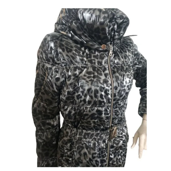 Shiny Animal Printed Gray/Black Belted  Puffy Jacket - Picture 7 of 12